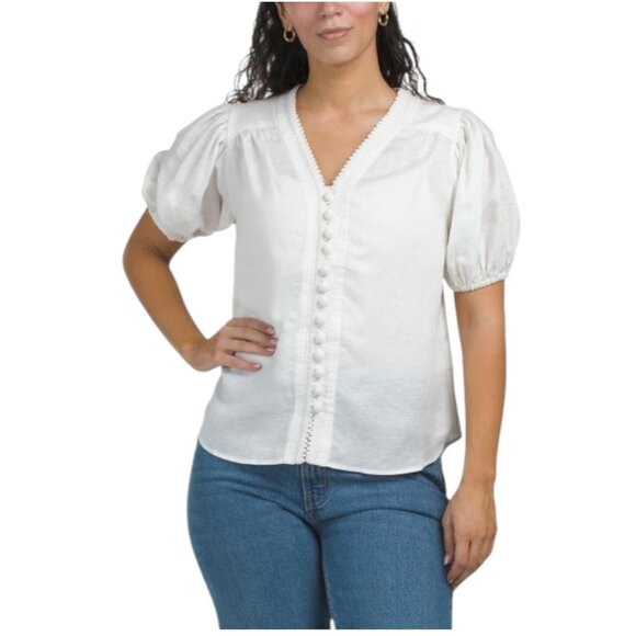 ELIE TAHARI Linen Blend Balloon Sleeve V-neck Button Down Blouse